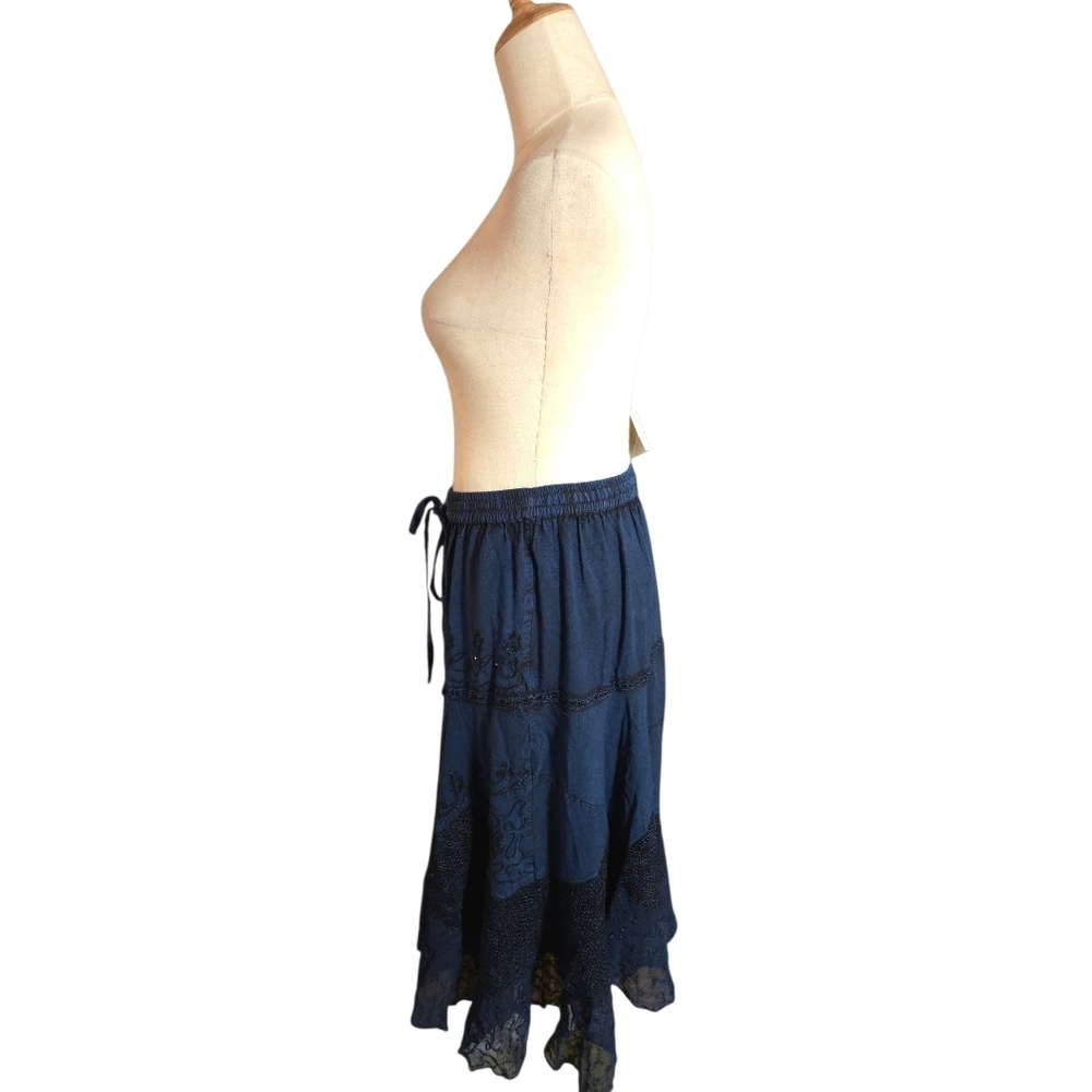 L.S.I  Blue Lace Trimmed Embellished Peasant Midi Boho Skirt NWT - Picture 5 of 7
